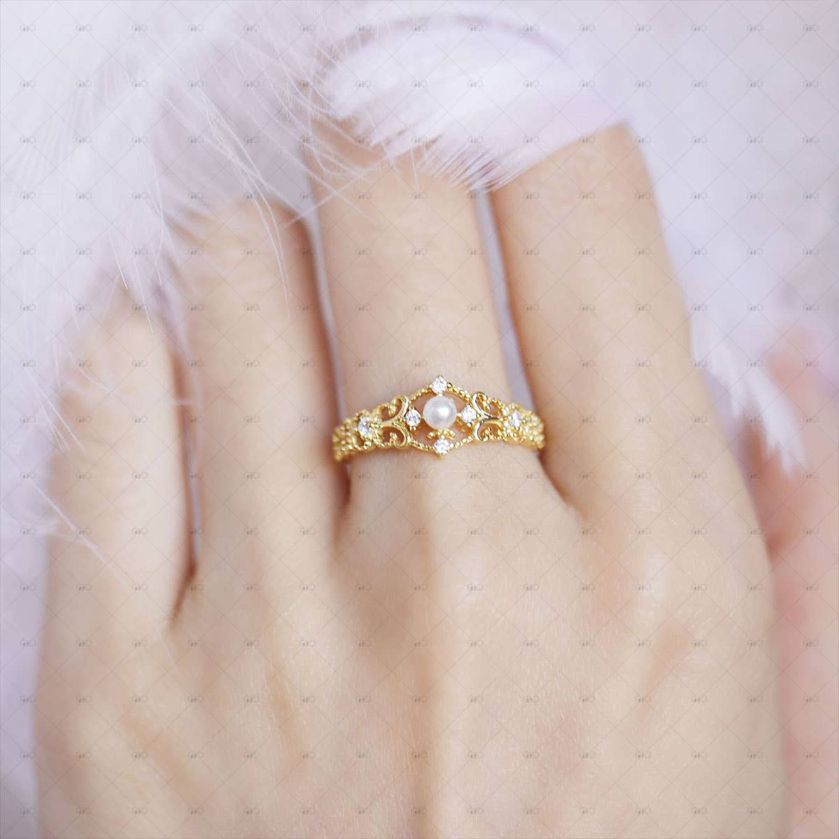 S925 Silver 18k Gold-plated Retro Hollow Pearl Ring