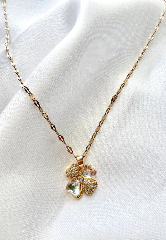 "Tina" Pearlescent Gold Clover Necklace