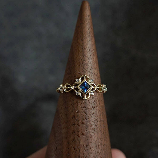 S925 Silver 14k Gold Plated Antique Blue Zircon Ring