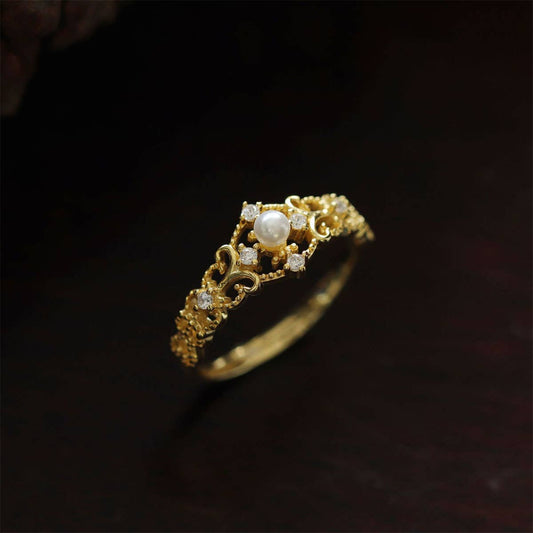 S925 Silver 18k Gold-plated Retro Hollow Pearl Ring